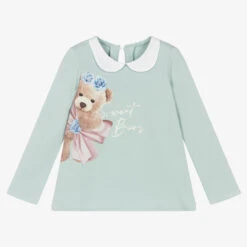 Balloon Chic Girls Green Cotton Teddy Bear Top