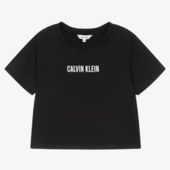 Calvin Klein Girls Black Cropped Cotton Logo T-Shirt