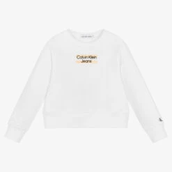 Calvin Klein Jeans Girls White Cotton Logo Sweatshirt