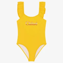 Chloé Girls Yellow Ruffle Logo Swimsuit