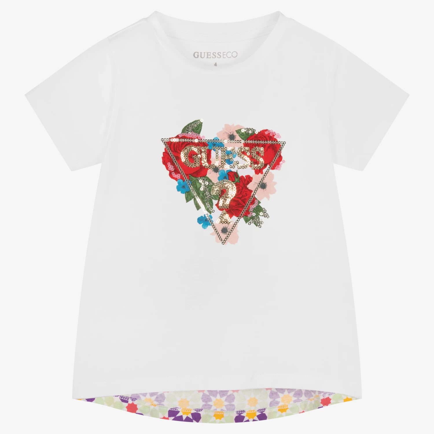 Guess Girls White Sequin & Colourful Print T-Shirt