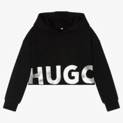 HUGO Girls Black Cropped Logo Hoodie