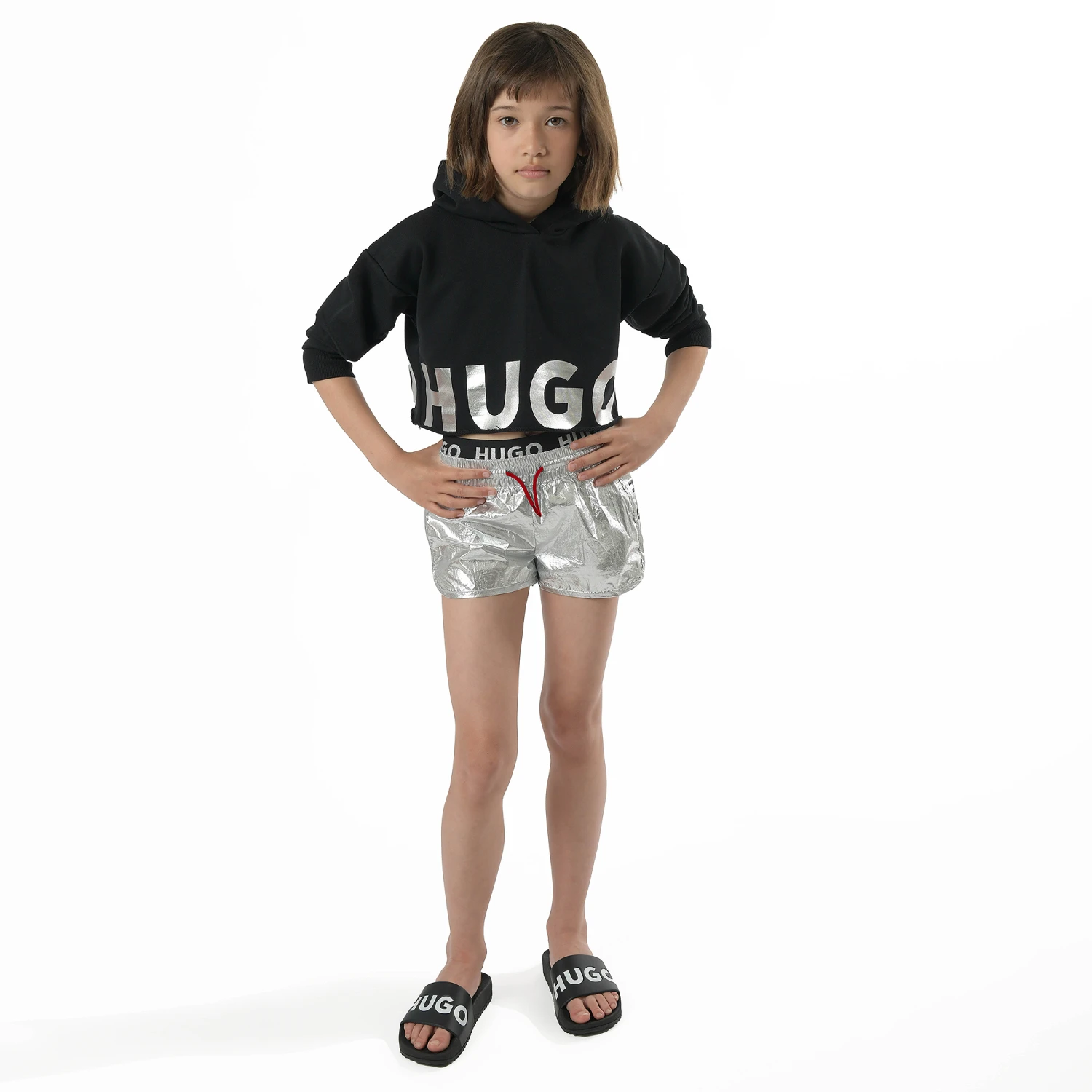HUGO Girls Black Cropped Logo Hoodie - Image 2
