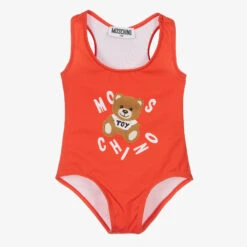 Moschino Kid-Teen Girls Red Teddy Bear Logo Swimsuit