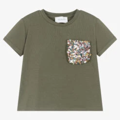 Tu & Io By Naturino Girls Green Cotton Sequin Pocket T-Shirt