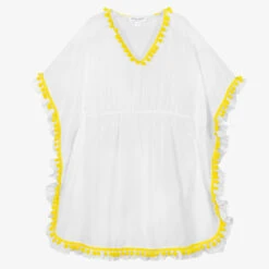 Nessi Byrd Girls White Cotton Pom-Pom Kaftan
