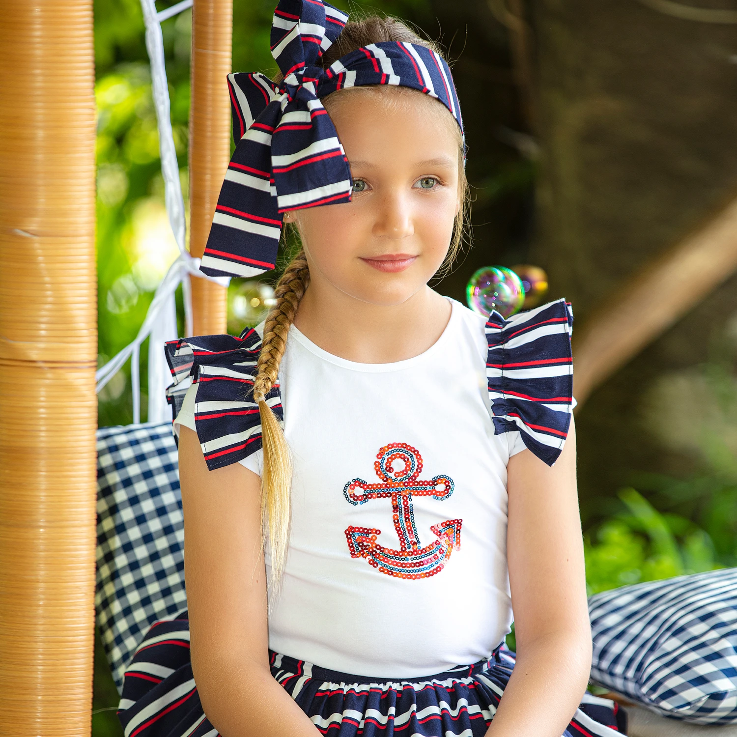 Patachou Navy Blue Striped Cotton Skirt - Image 2