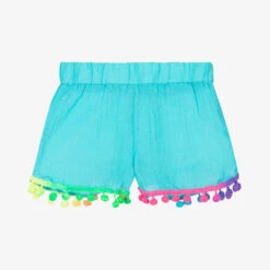 Selini Action Girls Blue Cotton Pom-Pom Shorts